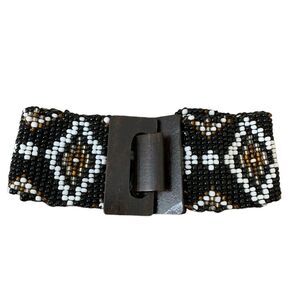 Express Beaded Mosiac Diamond Print Belt Womens Sz M Wooden Buckle Boho Western